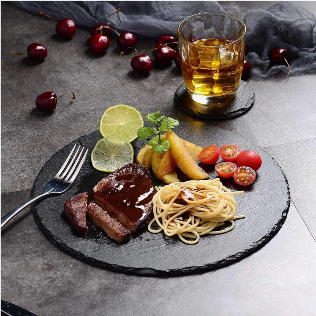 Plato Tabla Redonda Piedra Pizarra Wayu 25 cm Aperitivos