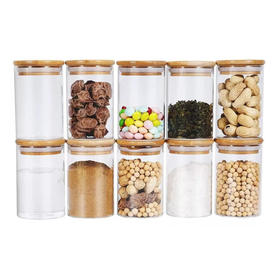 Set 6 Frasco de Vidrio Tapa Bambu 250 ML