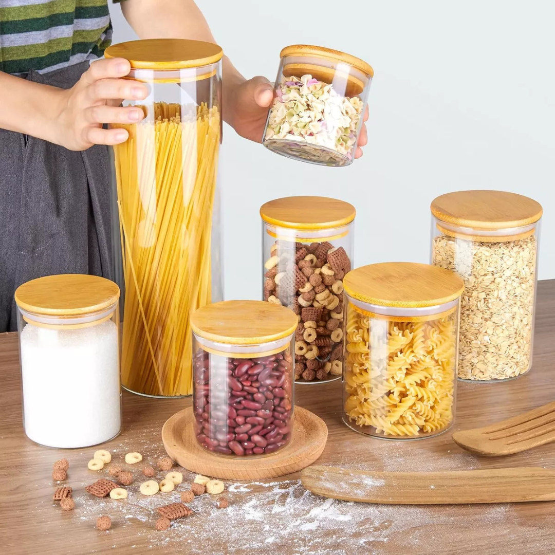 Set 7 Frascos Tapa Bambu + Stickers