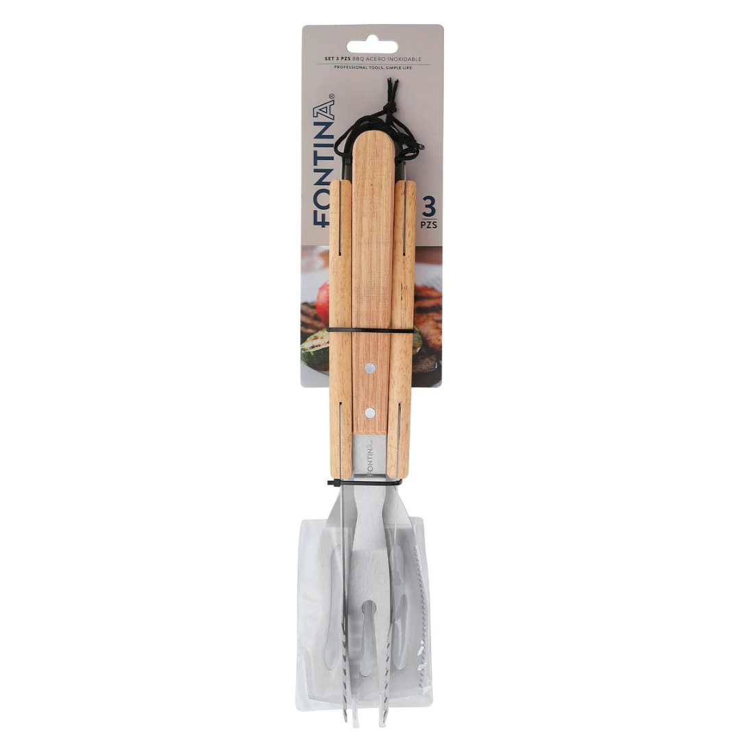 Set Parrillero Fontina 3 Piezas (Pinza + Espatula + Tenedor)