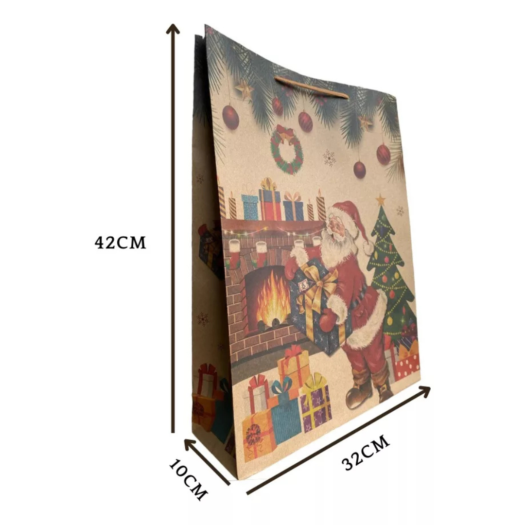 12 Bolsas de Regalo Papel Kraft Navidad Medianas (33 x24) + Stickers
