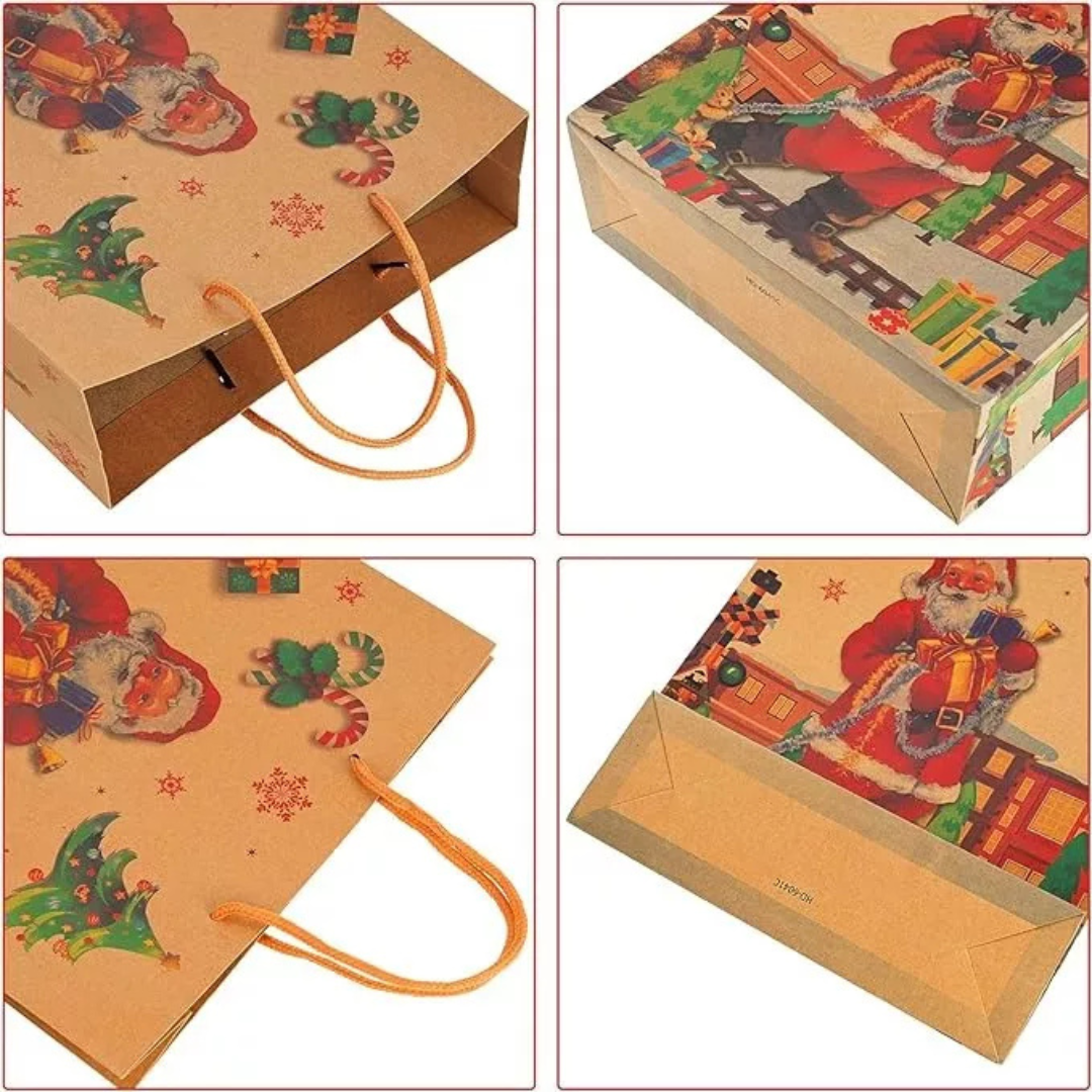 12 Bolsas de Regalo Papel Kraft Navidad Medianas (33 x24) + Stickers