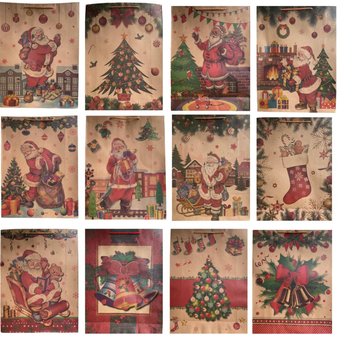 12 Bolsas de Regalo Papel Kraft Navidad Medianas (33 x24) + Stickers