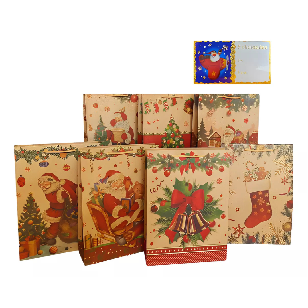 12 Bolsas de Regalo Papel Kraft Navidad Medianas (33 x24) + Stickers