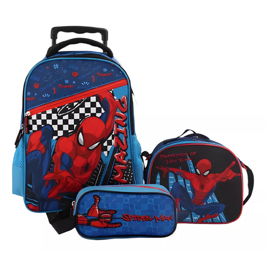 Pack Escolar 3 Piezas Spiderman (Mochila con ruedas + Estuche + Lonchera)