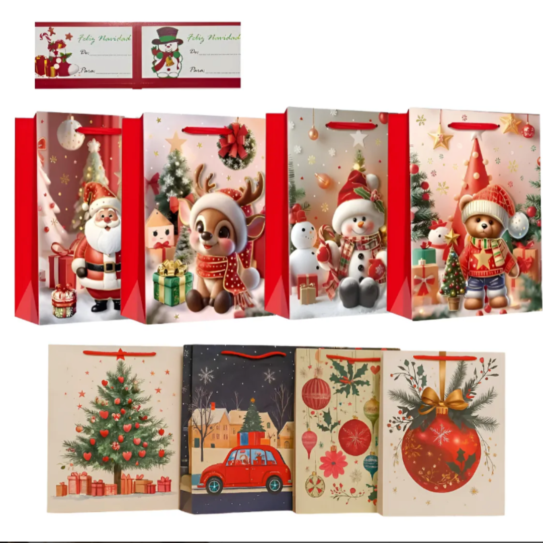 12 Bolsas De Regalos Navidad Grande + 12 Medianas + Stickers