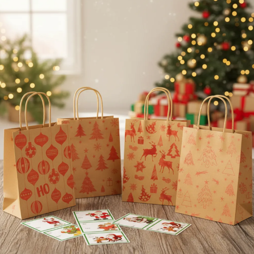 12 Bolsas Para Regalo Navidad Kraft Grande 32X26CM + Stickers