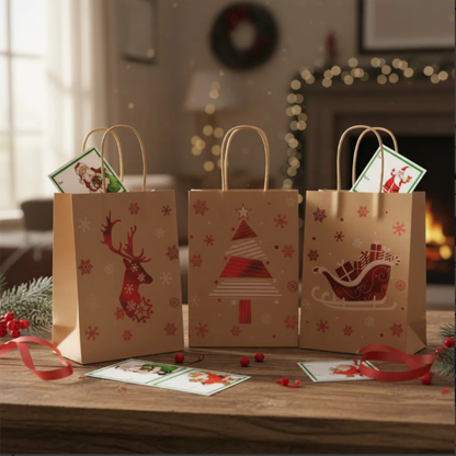 12 Bolsas Para Regalo Navidad Kraft Grande 32X26CM + Stickers