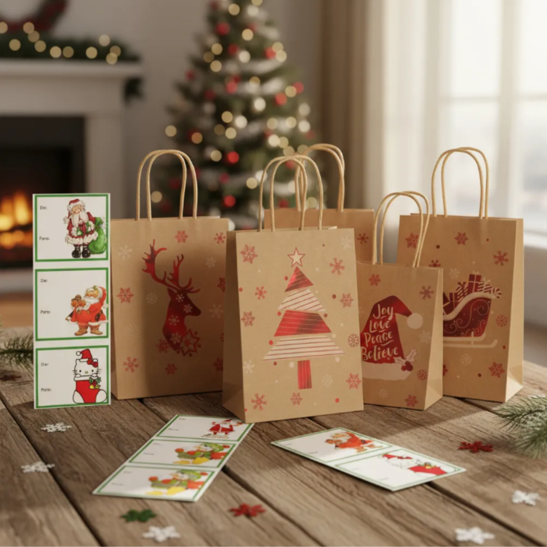 12 Bolsas Para Regalo Navidad Kraft Grande 32X26CM + Stickers