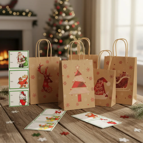 12 Bolsas Para Regalo Navidad Kraft Grande 32X26CM + Stickers