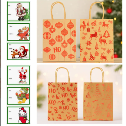 12 Bolsas Para Regalo Navidad Kraft Grande 32X26CM + Stickers