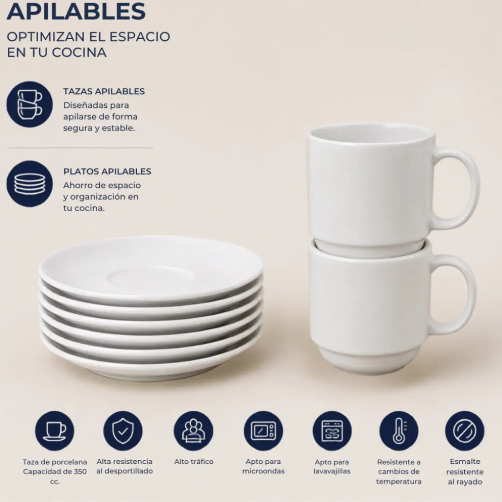 Set 6 Tazas Porcelana 350 ml + 6 Platillos Apilables