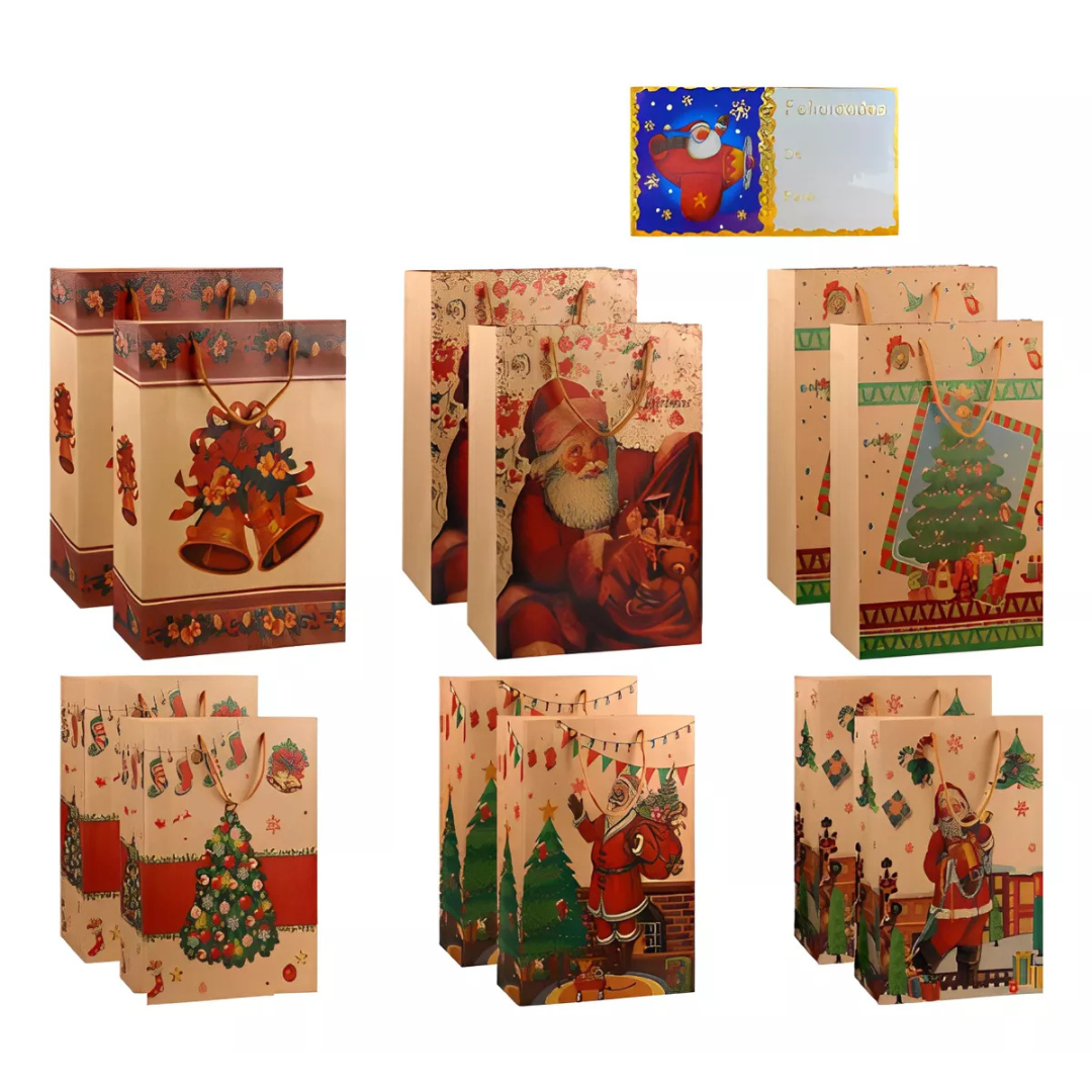 Set 12 Bolsas de Navidad Kraft XL + 12 Bolsas Grandes + Stickers