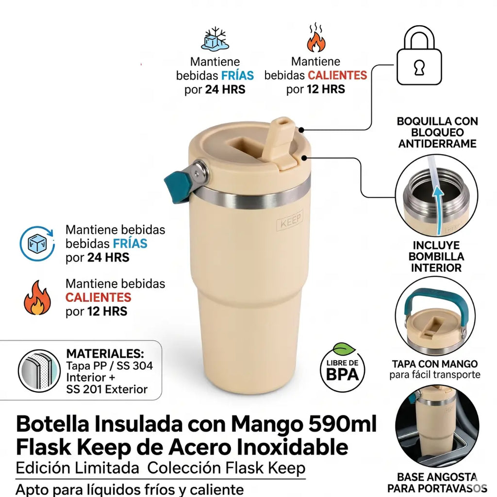 Botella Insulada Keep 590ml con Mango | Termo Acero