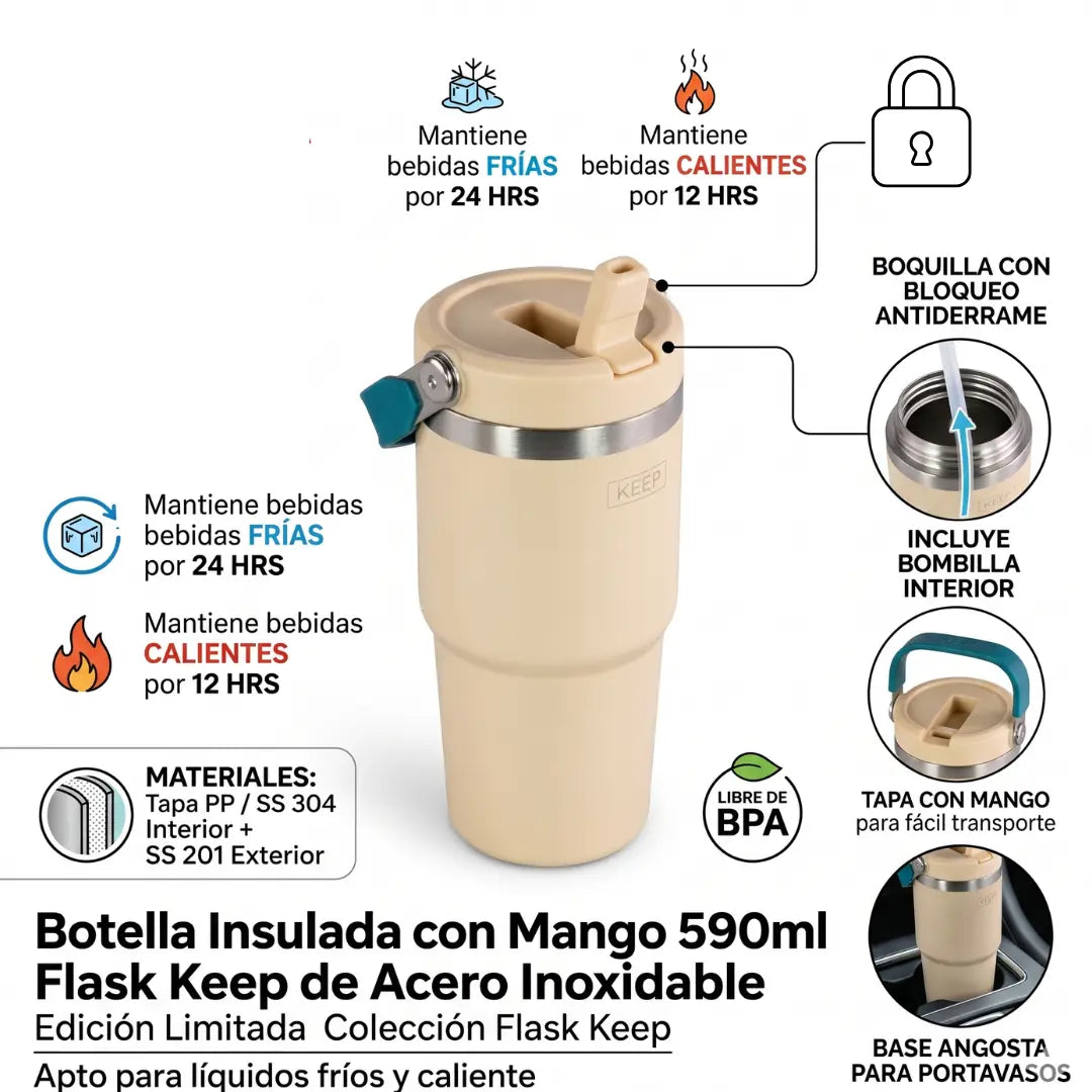Botella Insulada Keep 590ml con Mango | Termo Acero