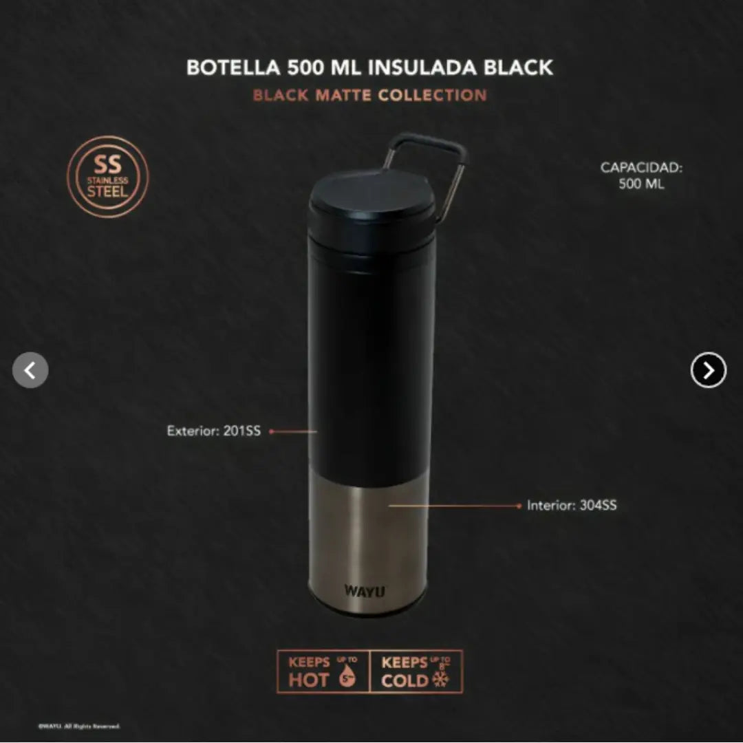 Botella Termica Wayu Black Matte Acero Inoxidable Frio 500ml