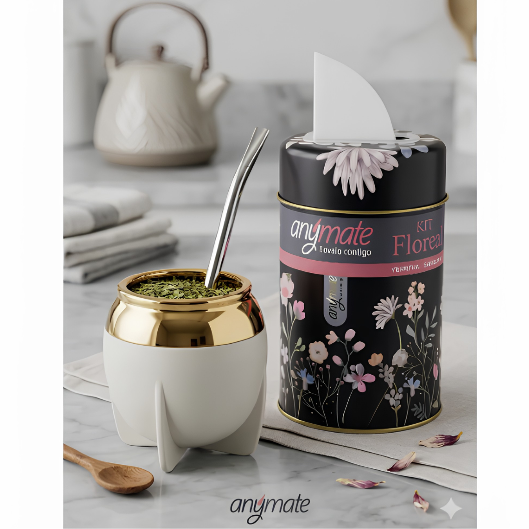 Kit Matero Anymate Floreado - Mate + Yerbera y Bombilla