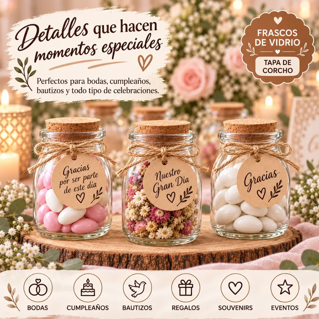 Set de 12 Frascos de Vidrio 200 ml con Tapa de Corcho