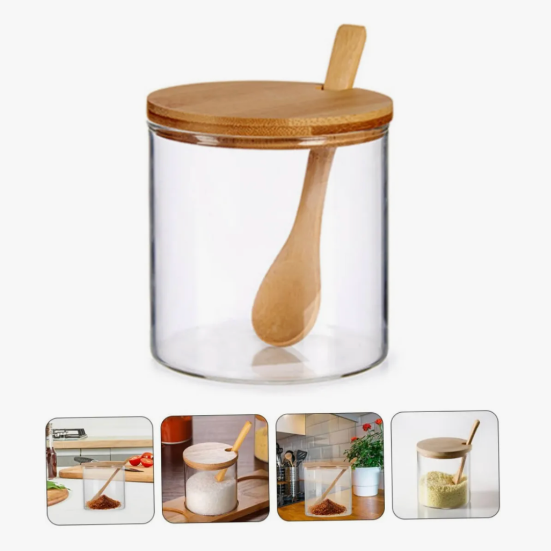 Frasco de Vidrio con Tapa y Cuchara de Bambu 380 ML