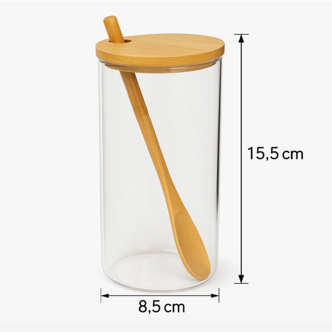 Frasco de Vidrio con Tapa y Cuchara de Bambu 600 Ml
