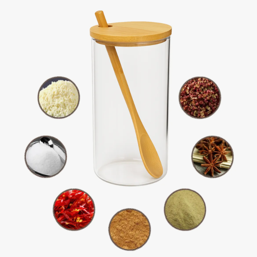 Frasco de Vidrio con Tapa y Cuchara de Bambu 600 Ml