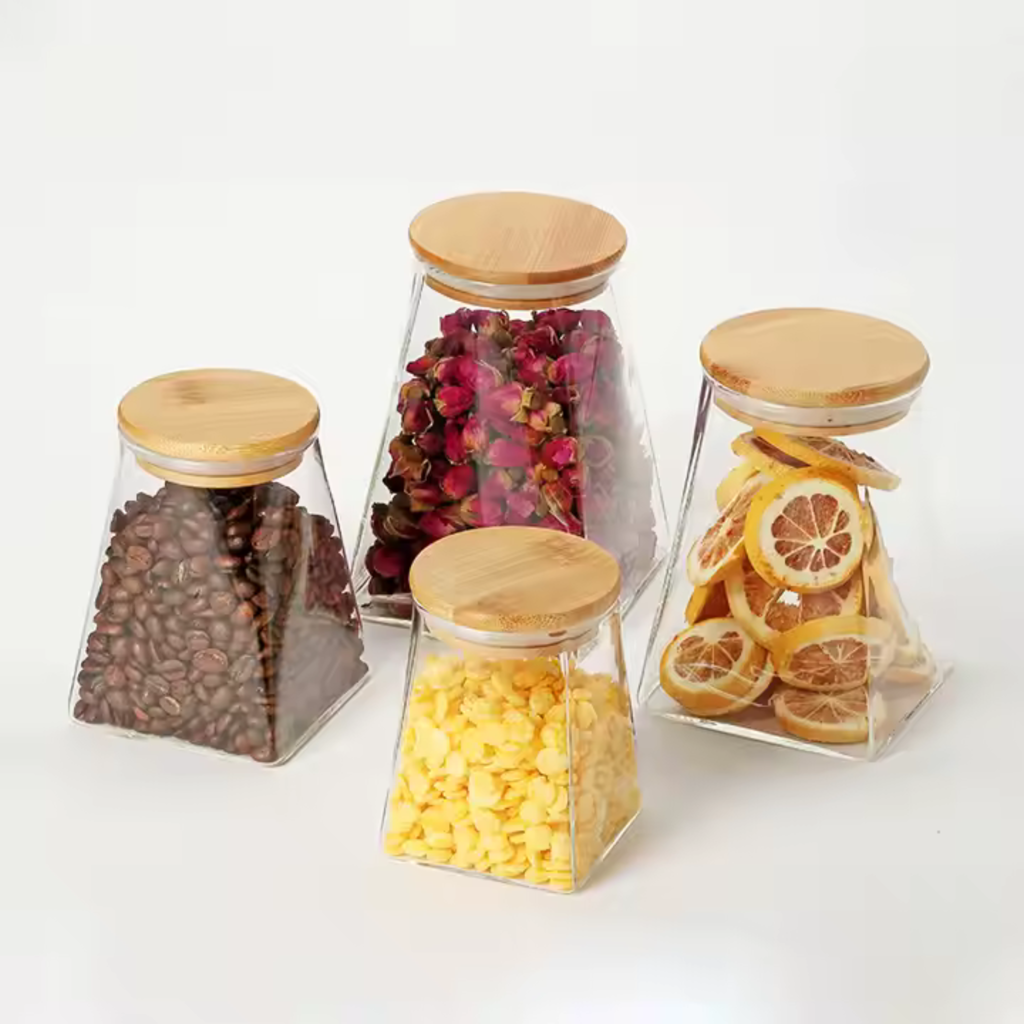 Set 4 Frascos de Vidrio Tapa Bambu Piramidal