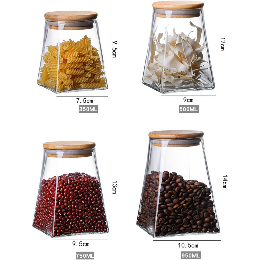 Set 4 Frascos de Vidrio Tapa Bambu Piramidal