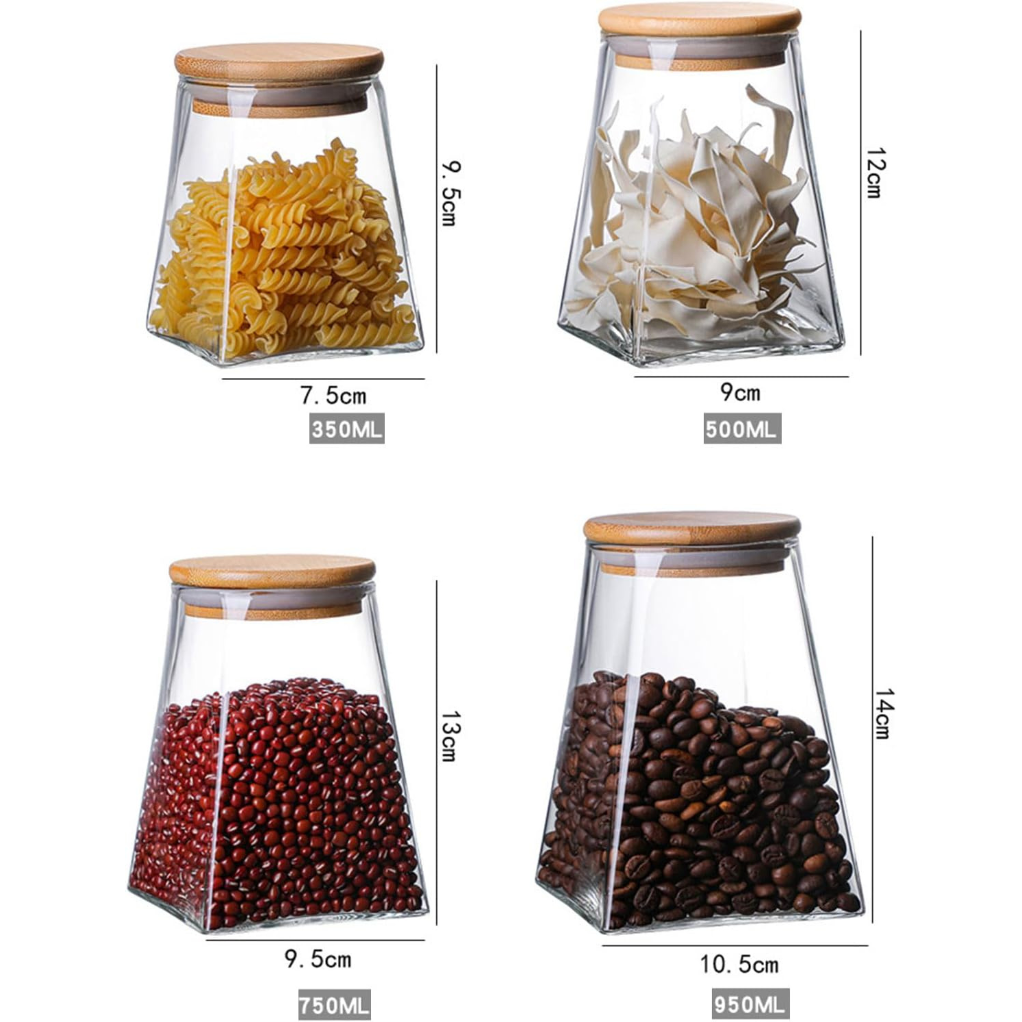 Set 4 Frascos de Vidrio Tapa Bambu Piramidal