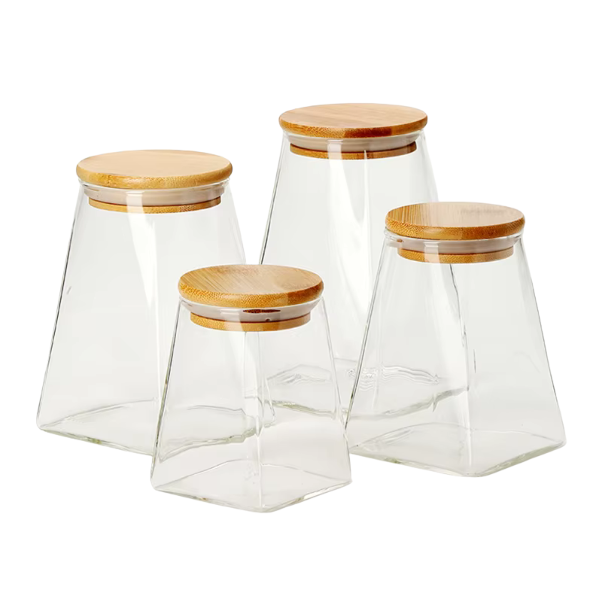 Set 4 Frascos de Vidrio Tapa Bambu Piramidal