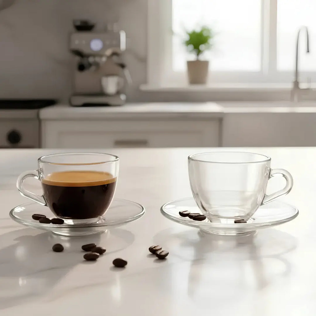 Set 6 Tazas Espresso Vidrio con Platillos 80ml | Estilo Barista
