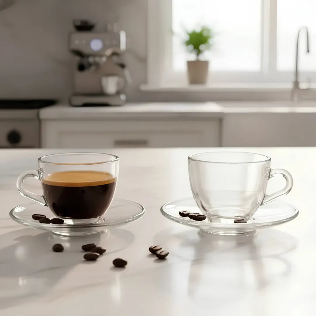 Set 6 Tazas Espresso Vidrio con Platillos 80ml | Estilo Barista