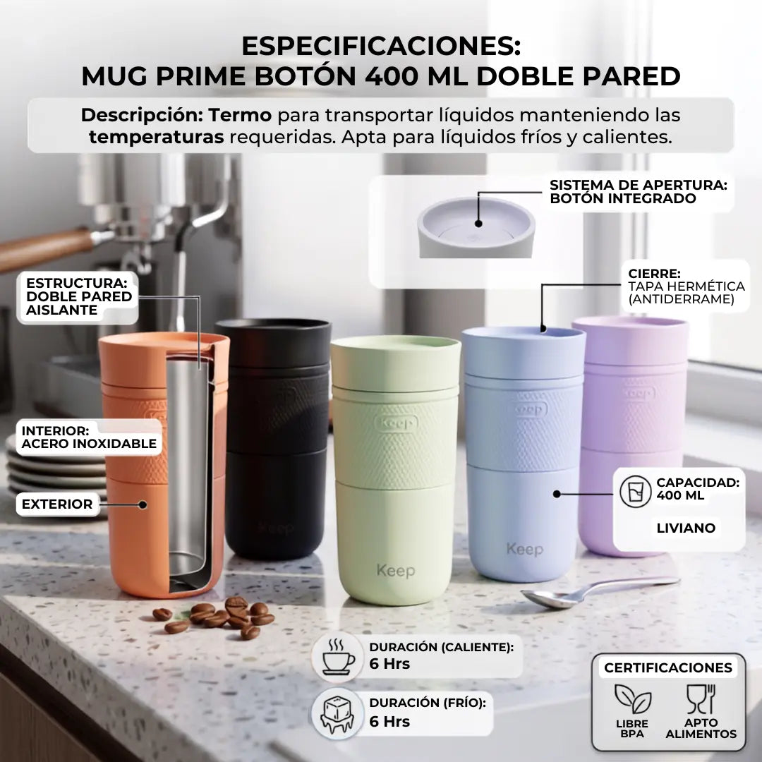Mug Termico Prime Boton 400ml Keep | Vaso de Acero Inox