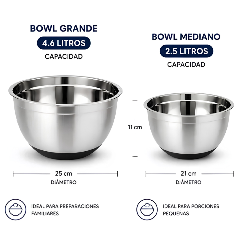 Pack 2 Bowls Cuiner Acero Inoxidable Antideslizante | 21 y 25 cm