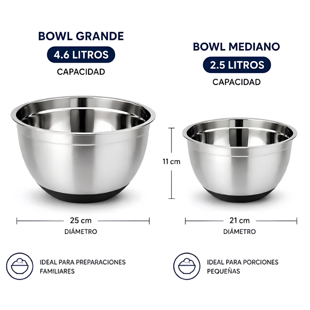 Pack 2 Bowls Cuiner Acero Inoxidable Antideslizante | 21 y 25 cm