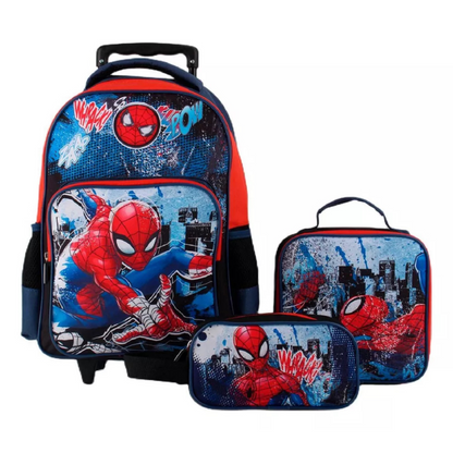 Pack Escolar 3 Piezas Spiderman (Mochila con ruedas + Estuche + Lonchera)