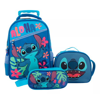 Pack Escolar 3 Piezas Stitch (Mochila con ruedas + Estuche + Lonchera)