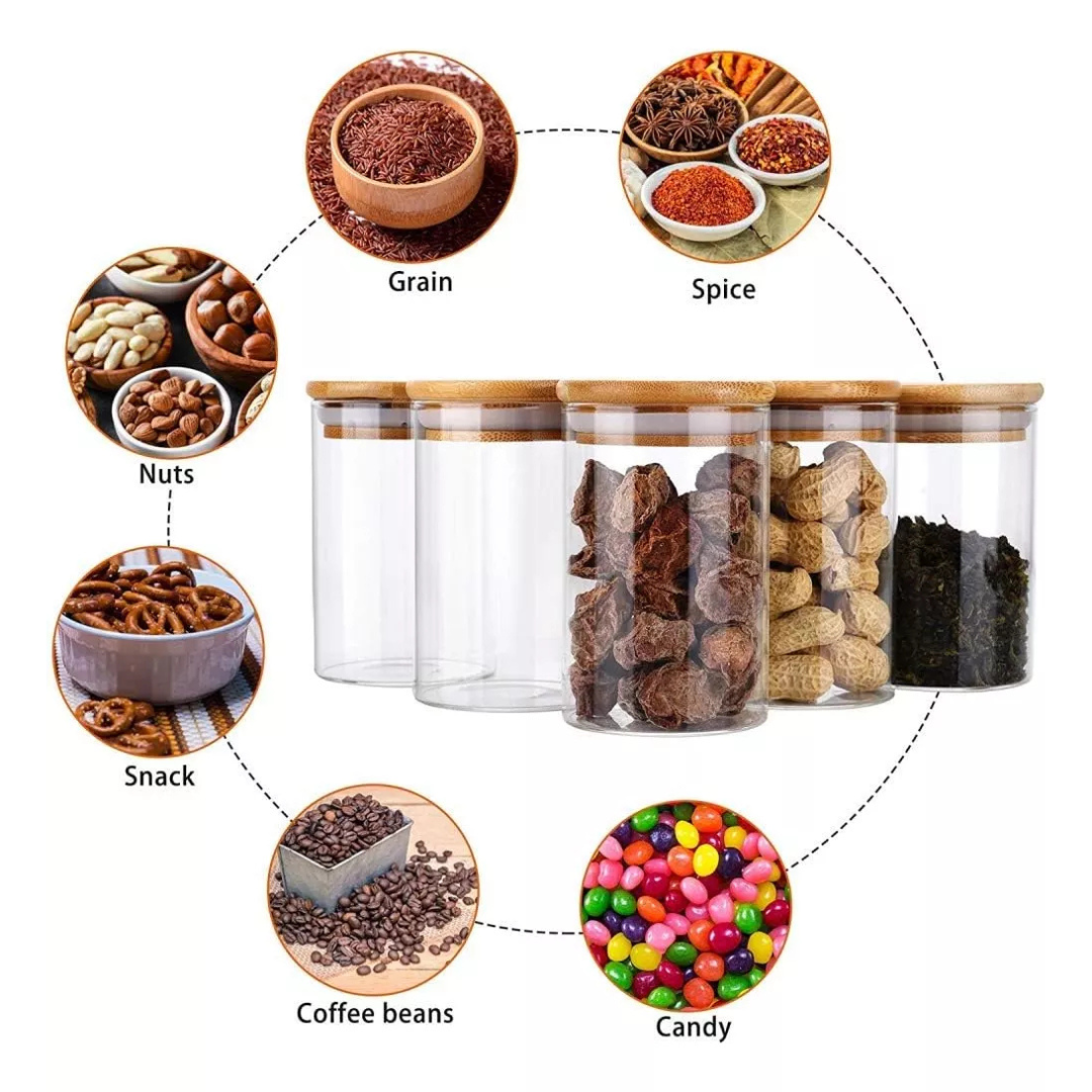 Set 6 Frasco de Vidrio Tapa Bambu 250 ML