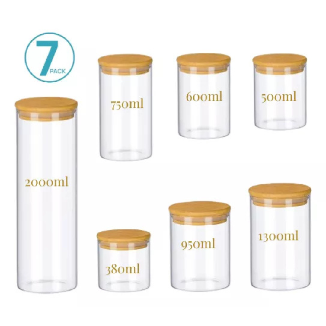 Set 7 Frascos Tapa Bambu + Stickers