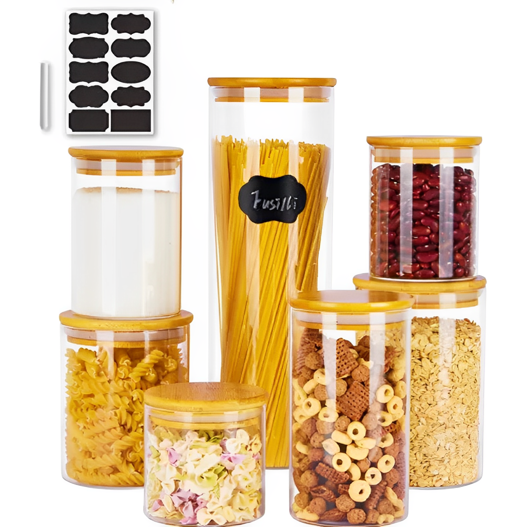 Set 7 Frascos Tapa Bambu + Stickers