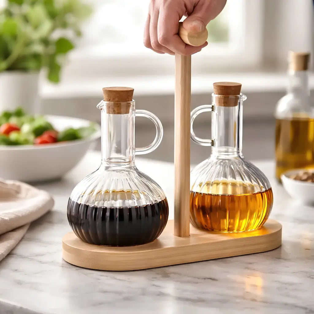 Set Alcuza Aceitera y Vinagrera con Soporte de Madera