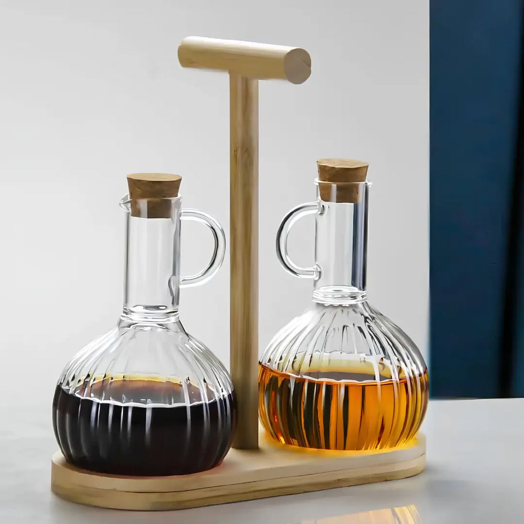 Set Alcuza Aceitera y Vinagrera con Soporte de Madera