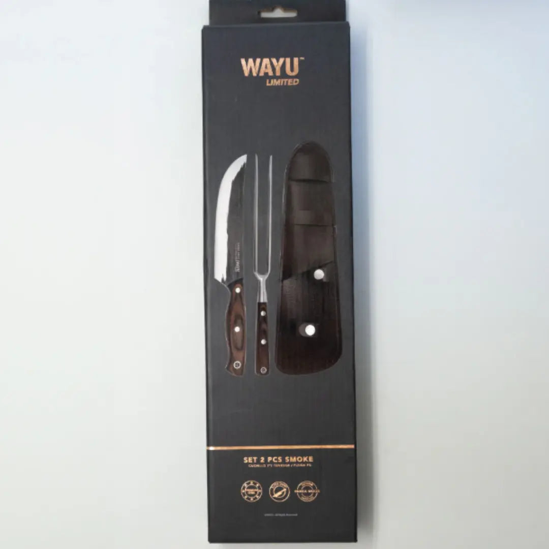 Cuchillo Parrillero Set Wayu Smoke con Tenedor y Funda