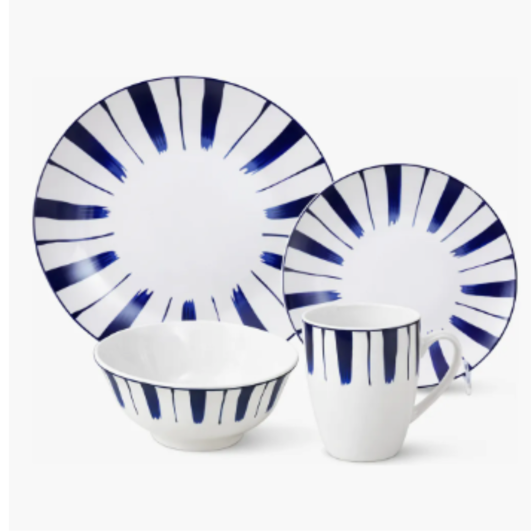 Juego De Vajilla Loza 16 Piezas Para 4 Personas Blanco Con Azul
