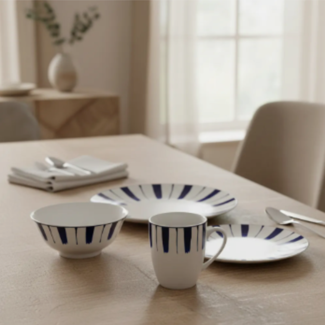 Juego De Vajilla Loza 16 Piezas Para 4 Personas Blanco Con Azul