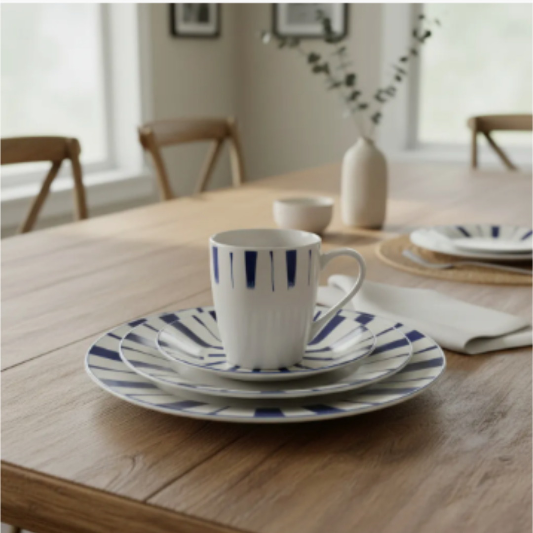 Juego De Vajilla Loza 16 Piezas Para 4 Personas Blanco Con Azul