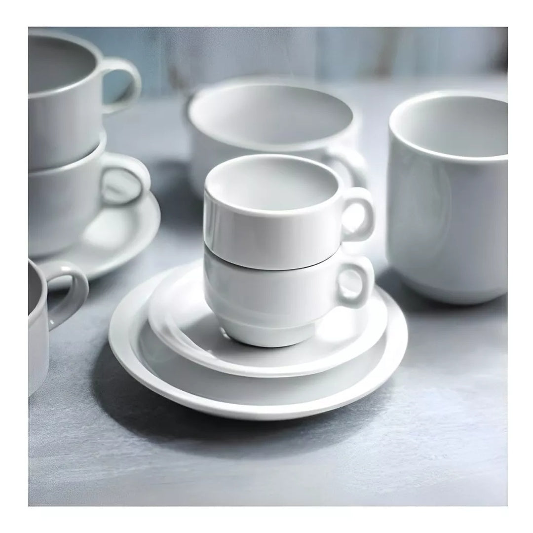 Set de 6 Tazas con Platillos Apilables 100 ml Blanco Ceramica