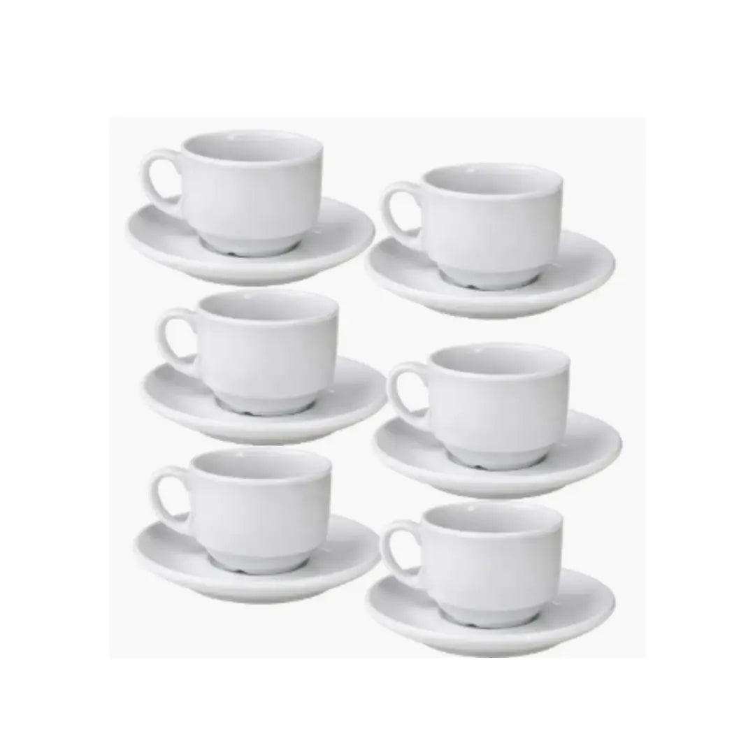 Set 6 Tazas de Café Espresso 80ml con Plato | Porcelana Blanca