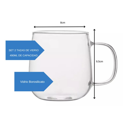 Set 2 Tazas de Cafe Vidrio 490 Ml