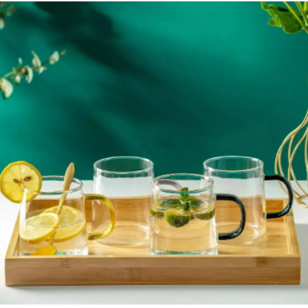 Set 4 Tazas de Cafe Te Vidrio 320 ML Asa de Colores