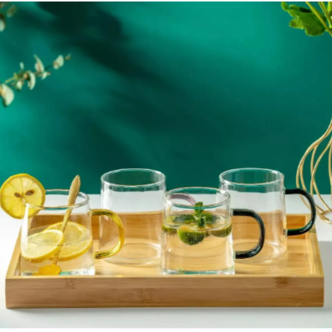 Set 4 Tazas de Cafe Te Vidrio 320 ML Asa de Colores